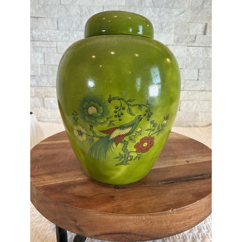Vintage Green Ceramic Ginger Jar w/ Lid Bird Floral Chinoiserie Decor 6.5"
